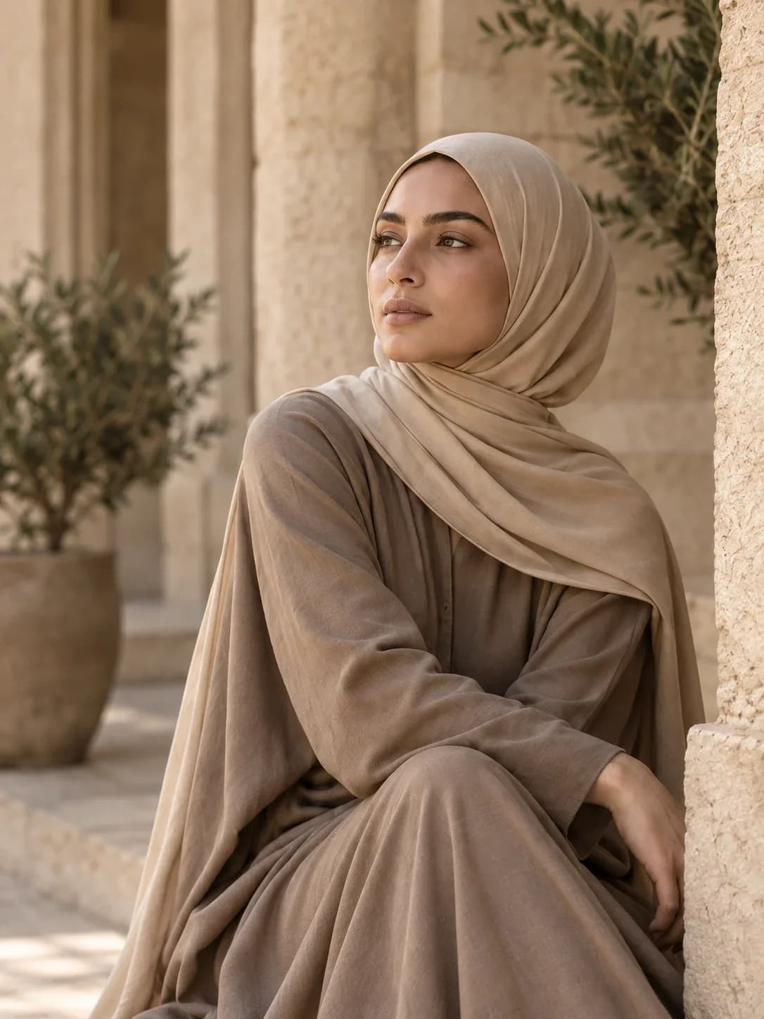 Woman wearing a softly draped sandstone modal hijab in a sunlit courtyard