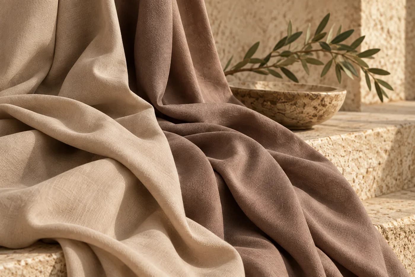 Sand and taupe modal fabrics draped over warm limestone